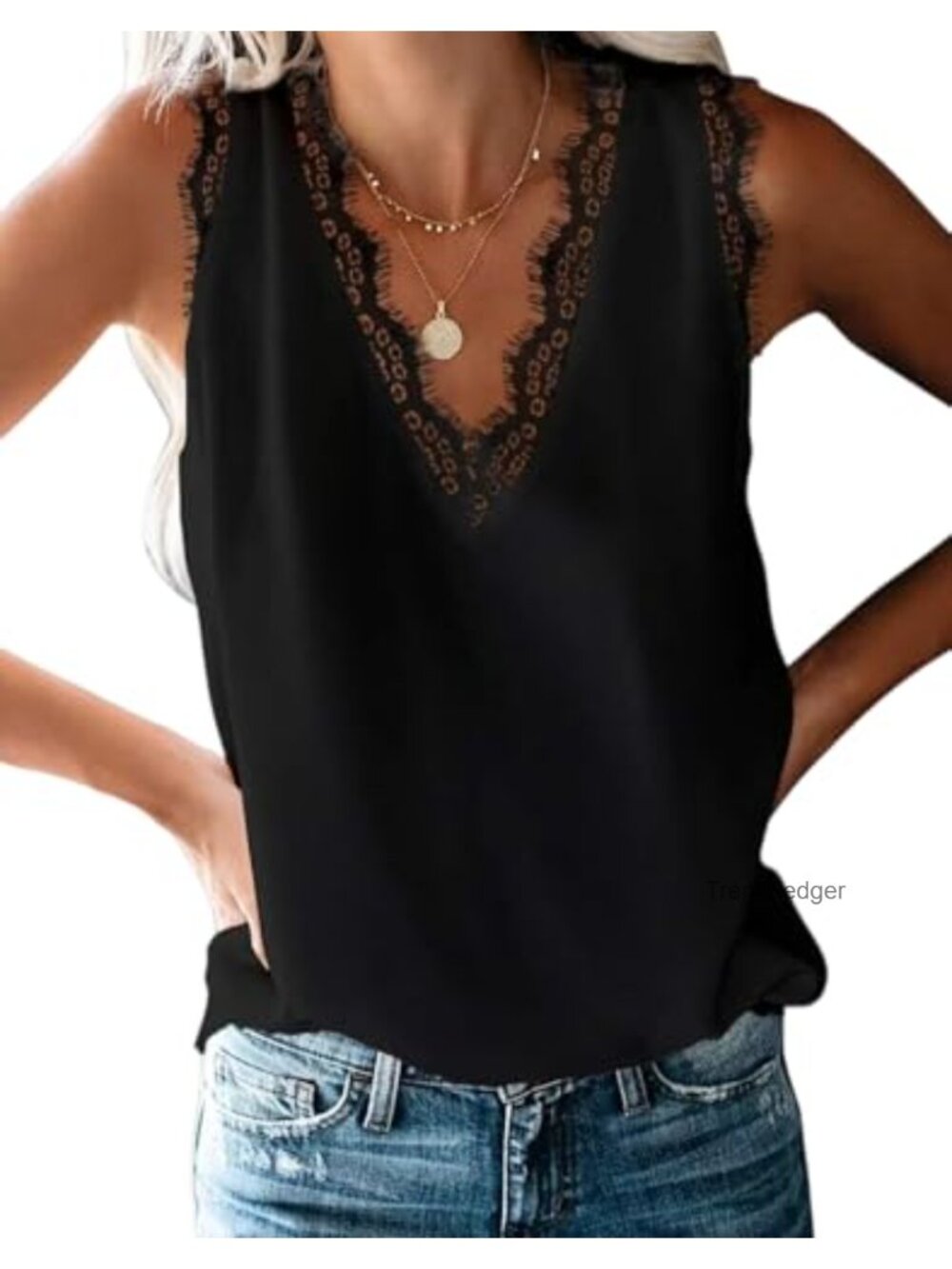 Lace Trim V Neck Tank Top Flowy Sleeveless Summer Shirt
